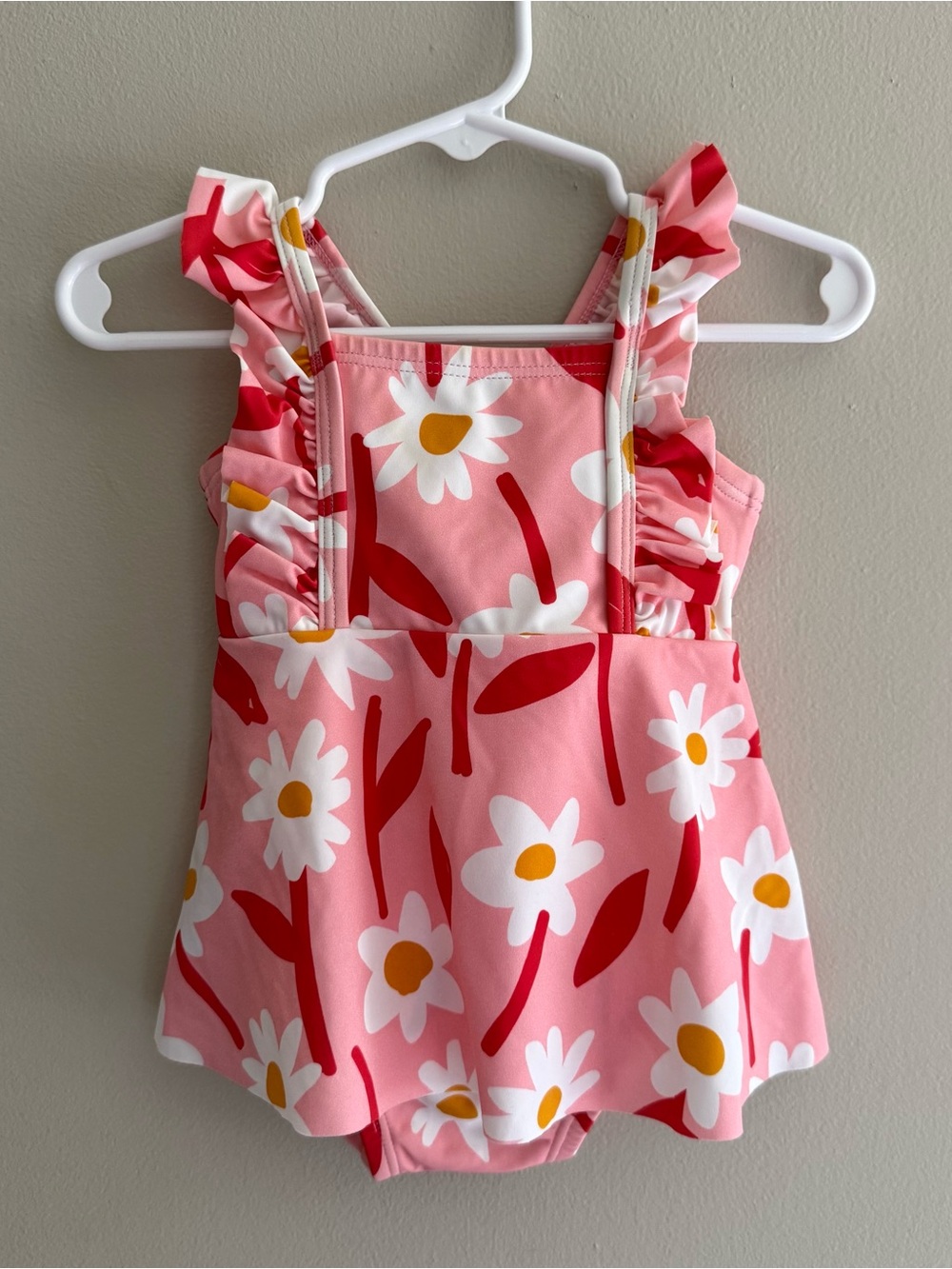 Hanna Andersson Baby Girl Pink Daisy Ruffle One-Piece Swimsuit Size 6-12mos